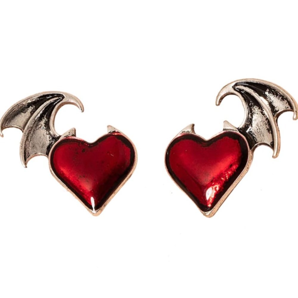 Little Bat Wing  Red  Enamel Heart Post Earrings Goth